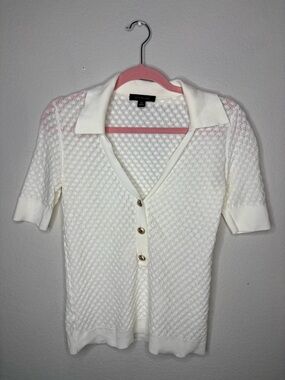 Ann Taylor Pointelle White Short-Sleeve Button Front Knit Top